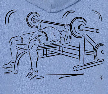 Graphisme musculation haltères sur sweat couleur bleuet à personnaliser avec un texte. Création Virginie Linard ©.