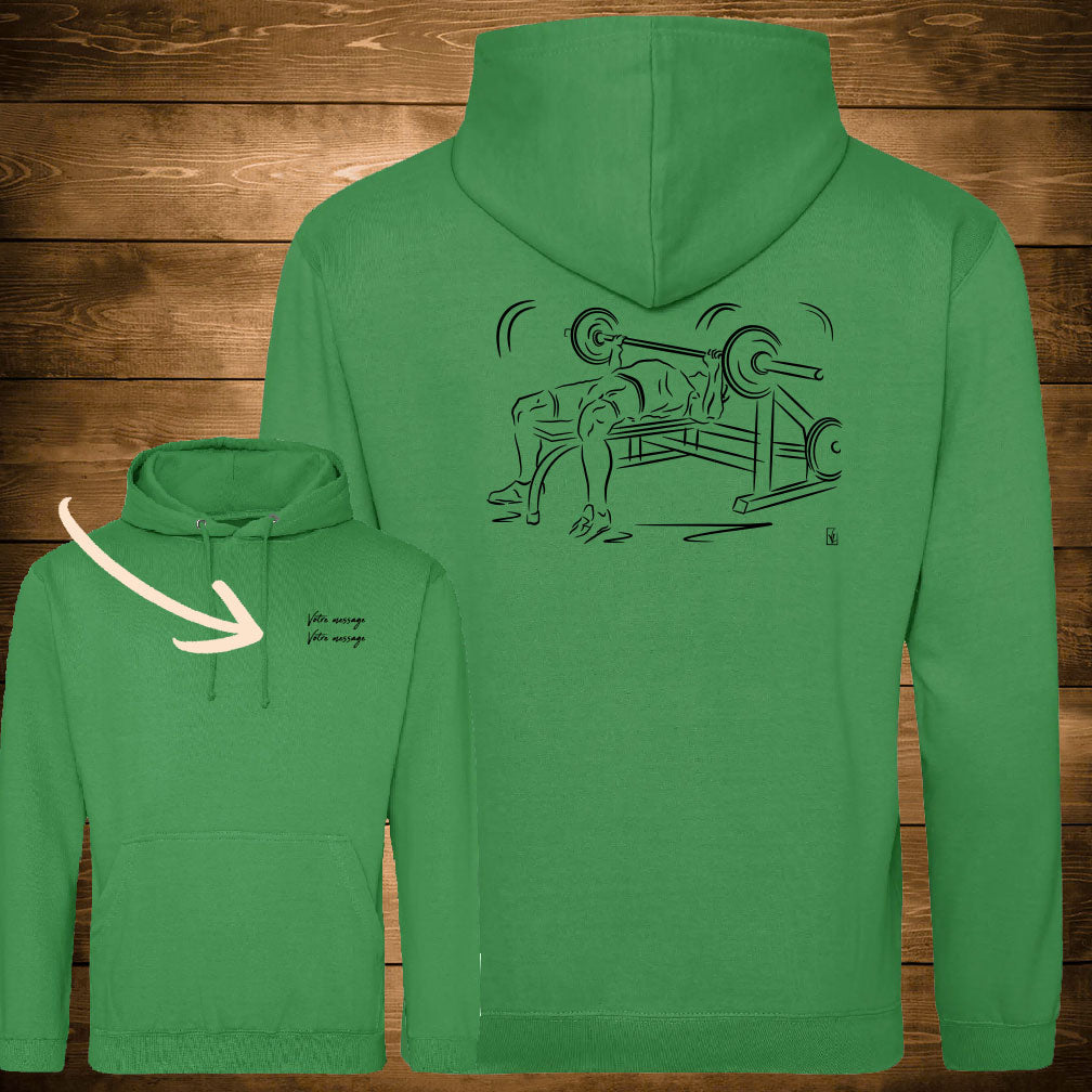 Graphisme musculation haltères sur sweat couleur vert à personnaliser avec un texte. Création Virginie Linard ©.