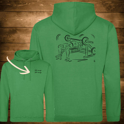 Graphisme musculation haltères sur sweat couleur vert à personnaliser avec un texte. Création Virginie Linard ©.