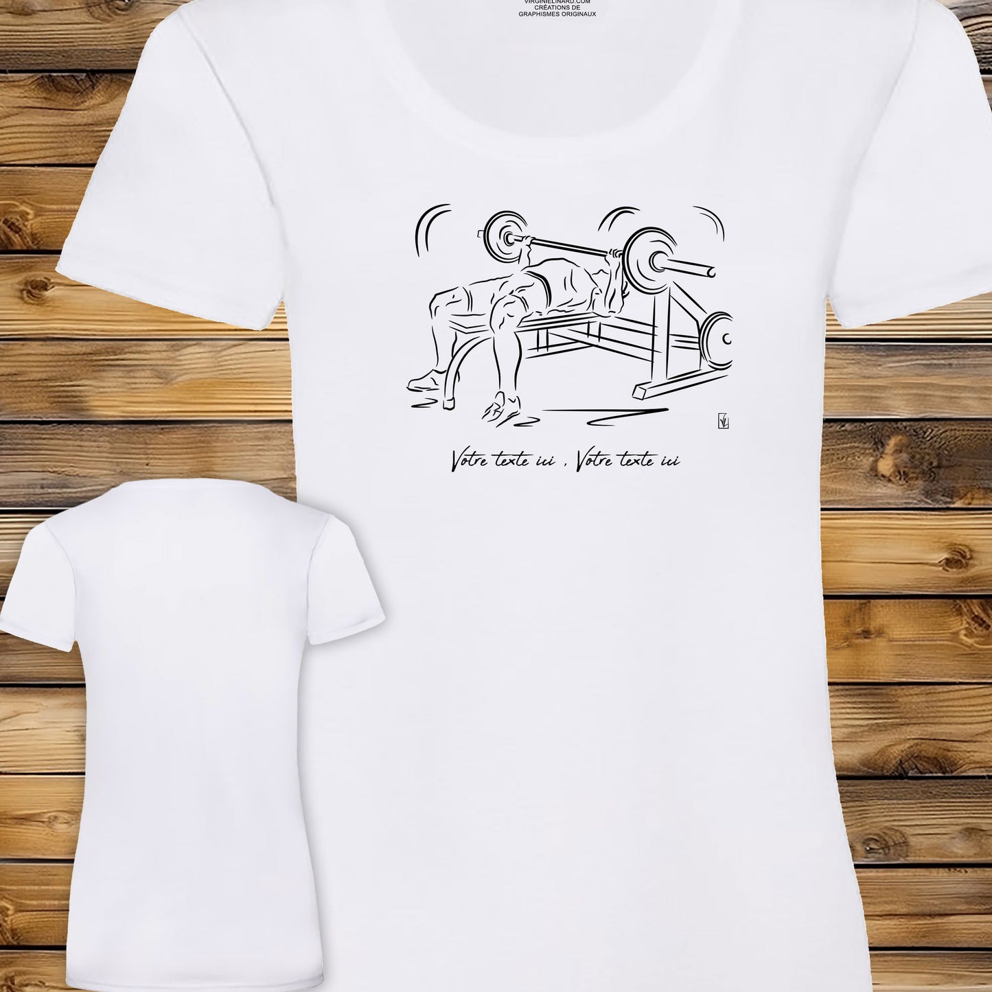 Graphisme musculation haltères sur T-shirt blanc femme. A personnaliser avec un texte. Création Virginie Linard ©.