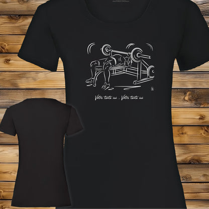 Graphisme musculation haltères sur T-shirt noir femme. A personnaliser avec un texte. Création Virginie Linard ©.