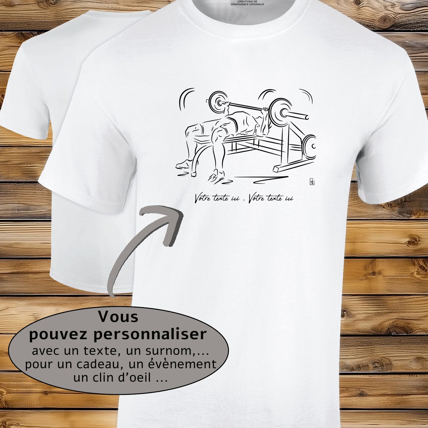 Graphisme musculation haltères sur T-shirt blanc homme. A personnaliser avec un texte. Création Virginie Linard ©.