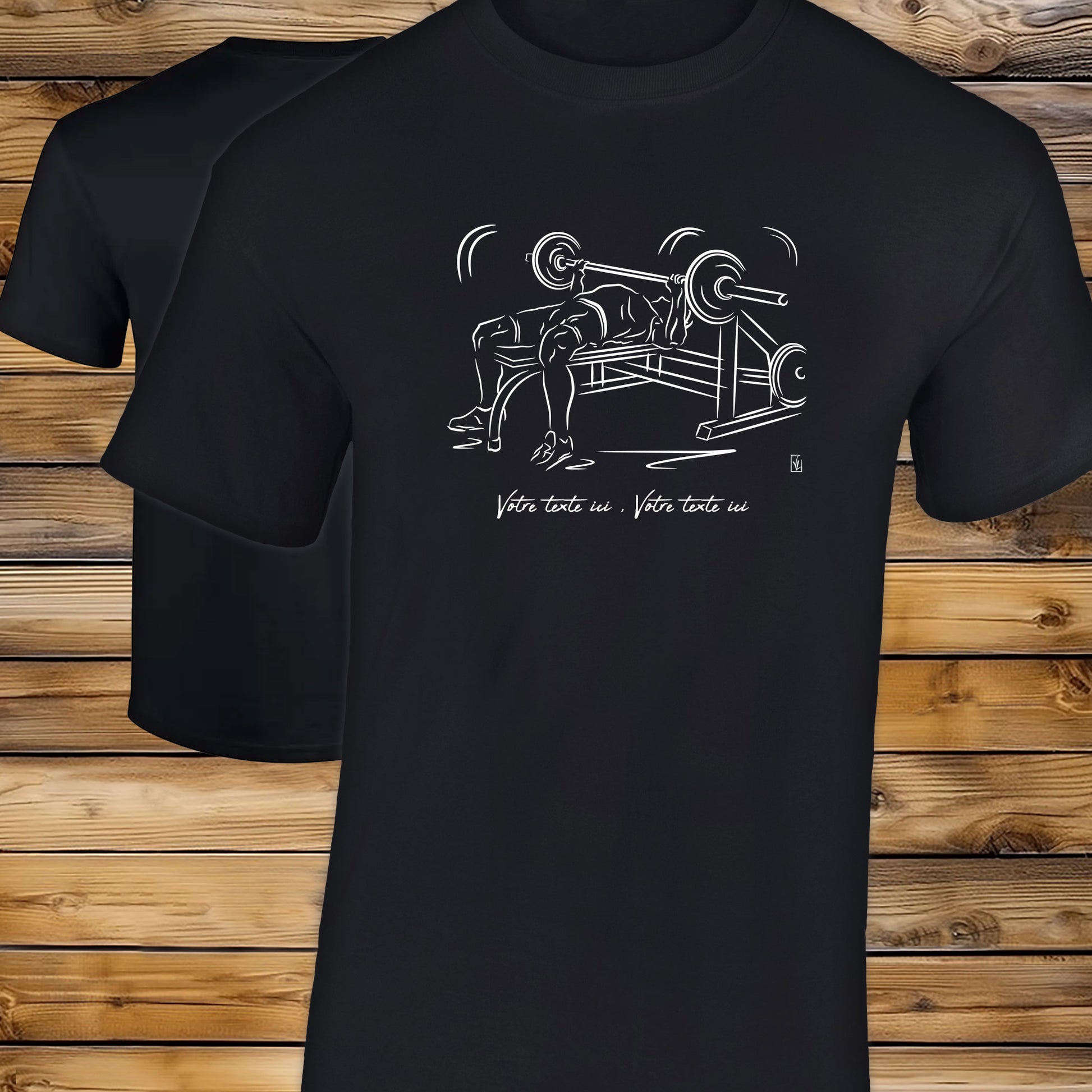 Graphisme musculation haltères sur T-shirt noir homme. A personnaliser avec un texte. Création Virginie Linard ©.