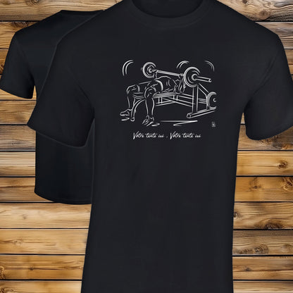 Graphisme musculation haltères sur T-shirt noir homme. A personnaliser avec un texte. Création Virginie Linard ©.