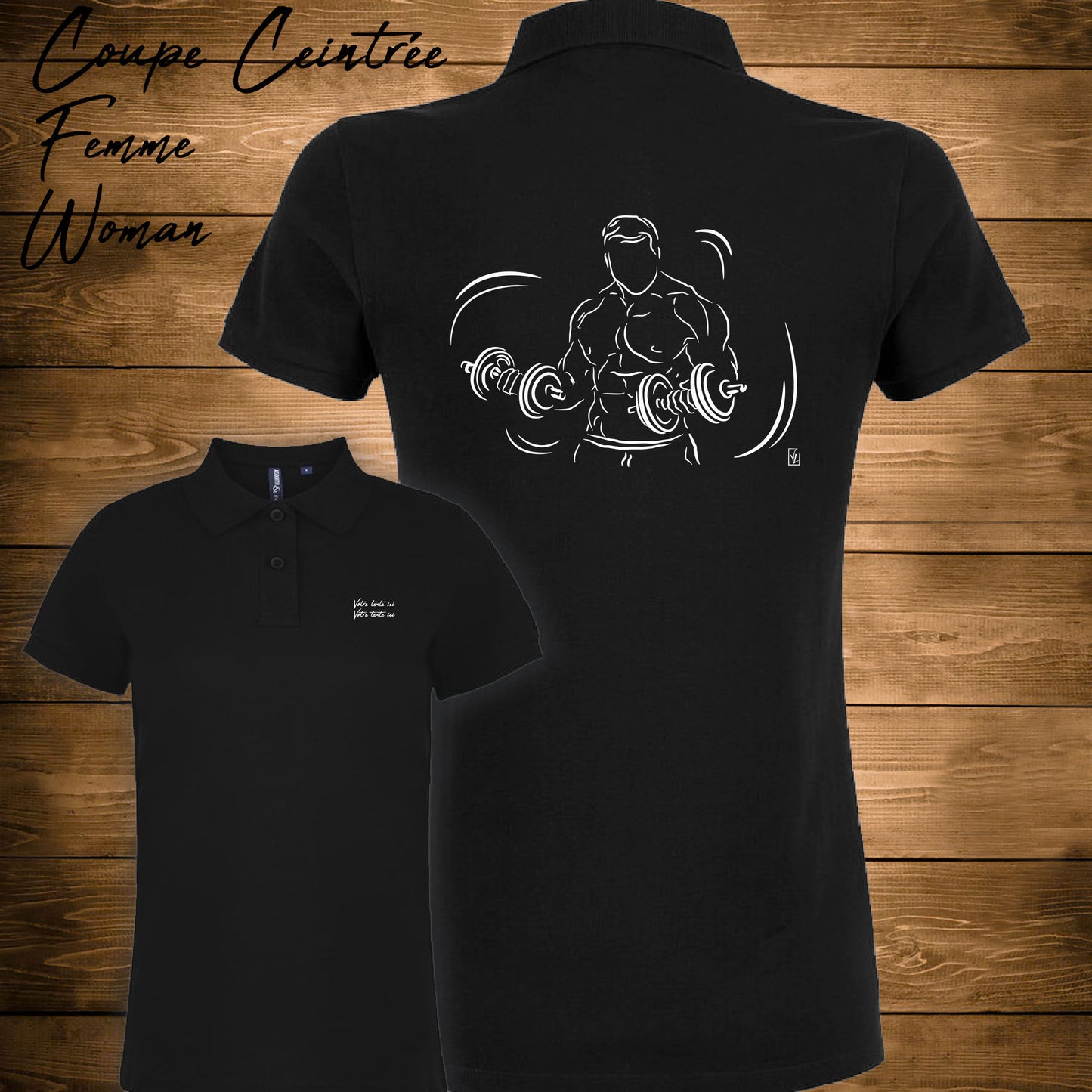 Graphisme musculation double haltères sur Polo noir femme. A personnaliser avec un texte. Création Virginie Linard ©.