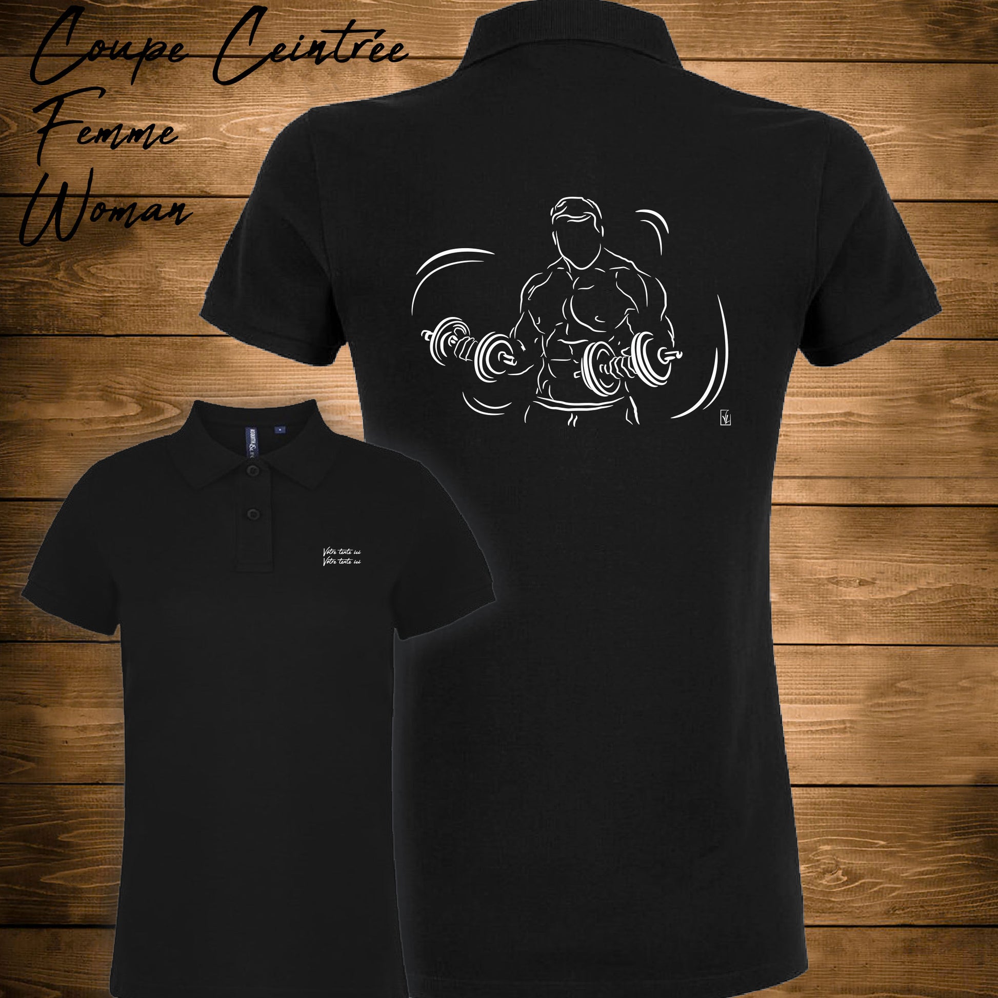 Graphisme musculation double haltères sur Polo noir femme. A personnaliser avec un texte. Création Virginie Linard ©.