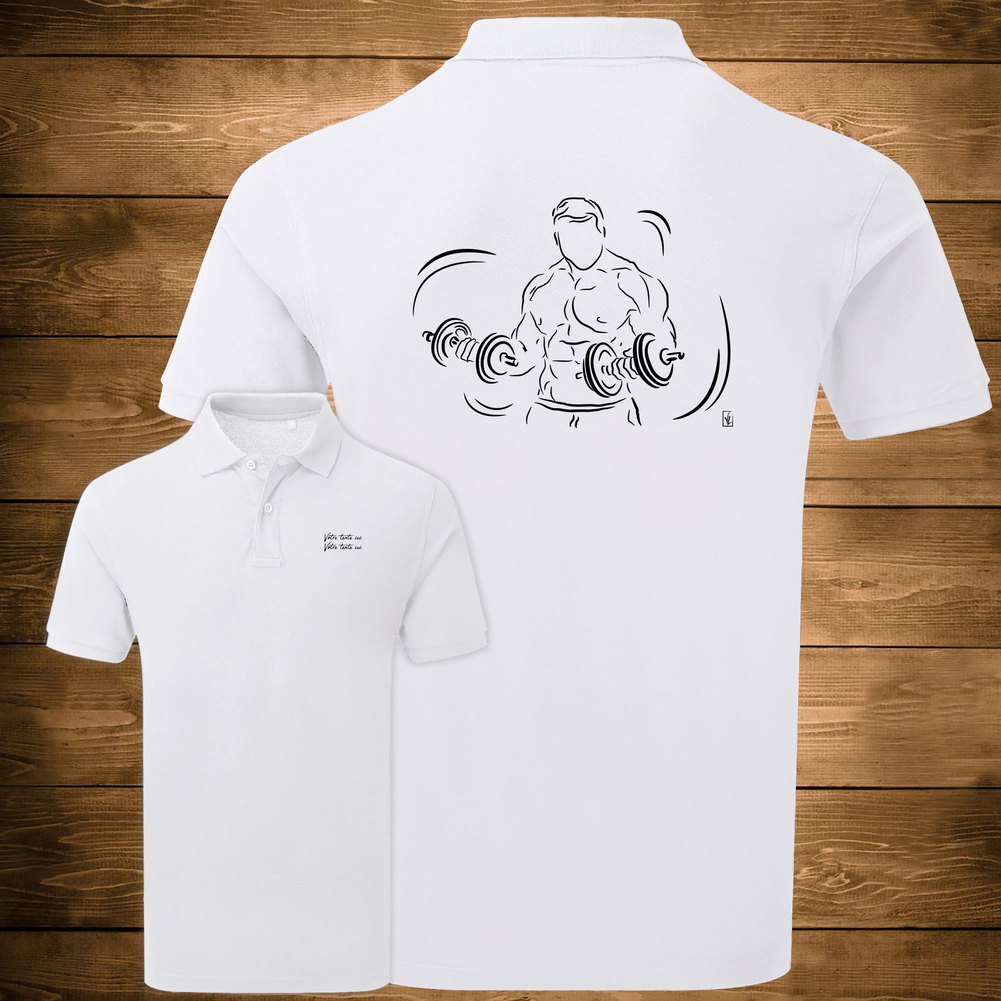 Graphisme musculation double haltères sur Polo blanc homme. A personnaliser avec un texte. Création Virginie Linard ©.