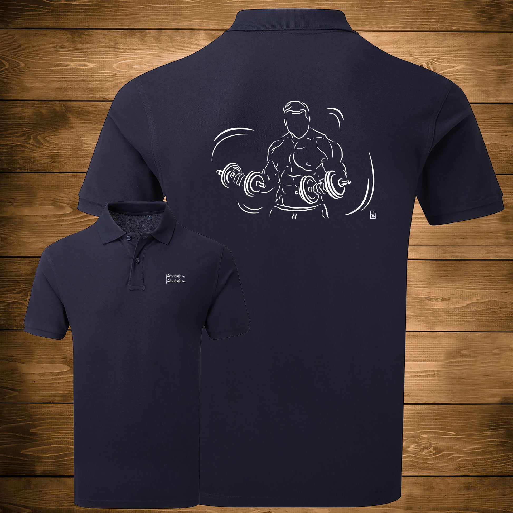 Graphisme musculation double haltères sur Polo bleu homme. A personnaliser avec un texte. Création Virginie Linard ©.