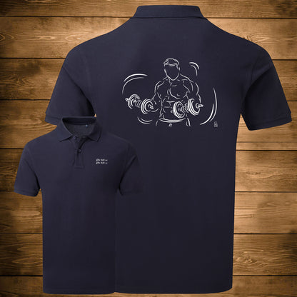 Graphisme musculation double haltères sur Polo bleu homme. A personnaliser avec un texte. Création Virginie Linard ©.