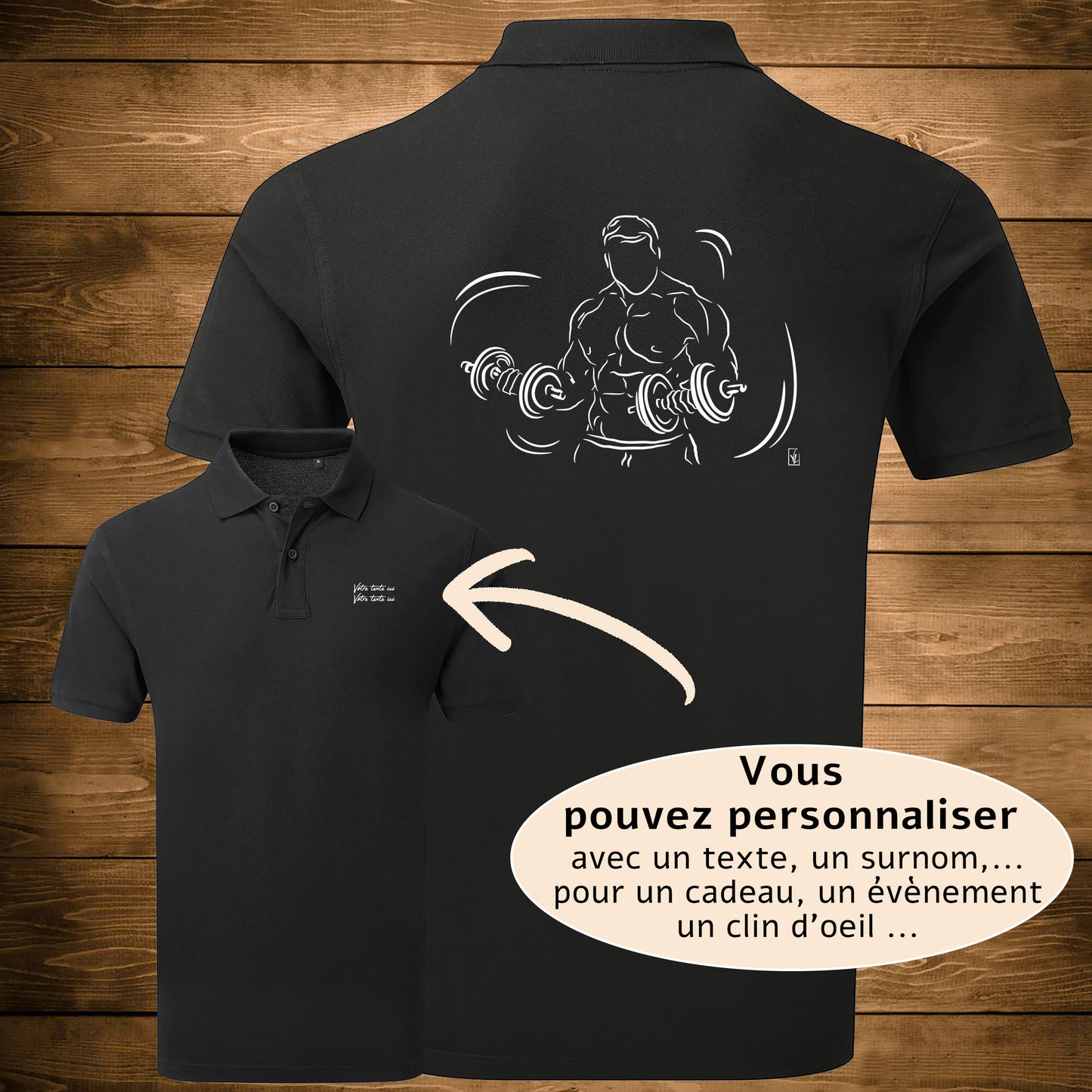 Graphisme musculation double haltères sur Polo noir homme. A personnaliser avec un texte. Création Virginie Linard ©.