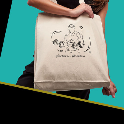 Graphisme musculation double haltères sur Sac tote-bag beige. A personnaliser avec un texte. Création Virginie Linard ©.