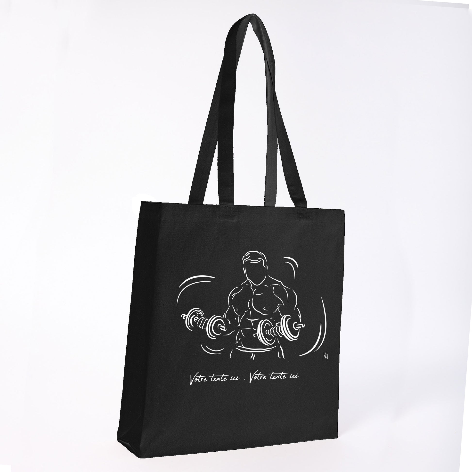 Graphisme musculation double haltères sur Sac tote-bag noir. A personnaliser avec un texte. Création Virginie Linard ©.