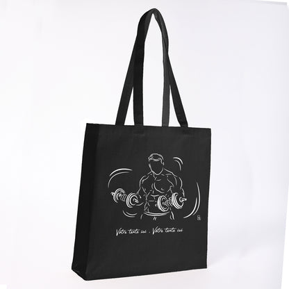 Graphisme musculation double haltères sur Sac tote-bag noir. A personnaliser avec un texte. Création Virginie Linard ©.