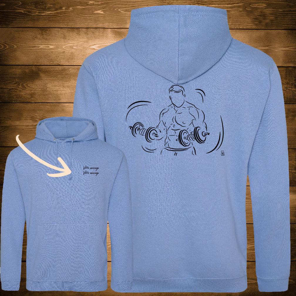 Graphisme musculation double haltères sur sweat couleur bleu à personnaliser avec un texte. Création Virginie Linard ©.