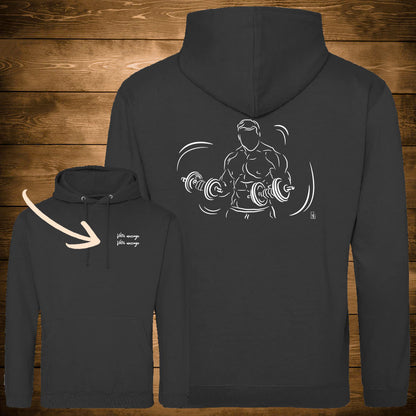 Graphisme musculation double haltères sur sweat couleur noir à personnaliser avec un texte. Création Virginie Linard ©.