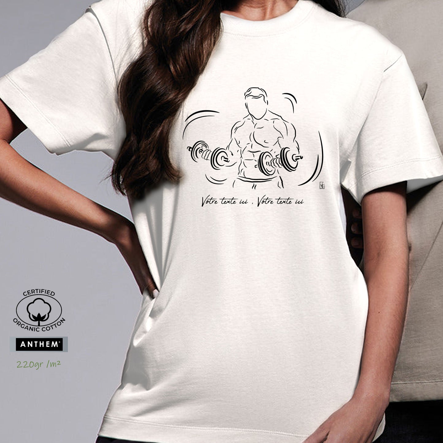 Graphisme musculation double haltères sur t-shirt bio épais blanc 220g homme et femme unisexe à personnaliser avec un texte. Création Virginie Linard ©.