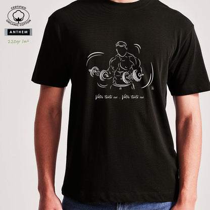 Graphisme musculation double haltères sur t-shirt bio épais noir 220g homme et femme unisexe à personnaliser avec un texte. Création Virginie Linard ©.