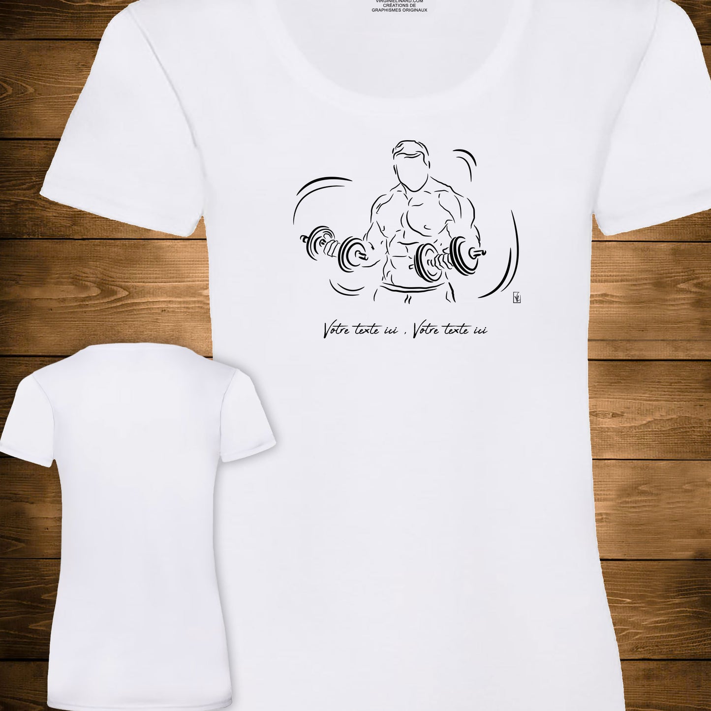 Graphisme musculation double haltères sur T-shirt blanc femme. A personnaliser avec un texte. Création Virginie Linard ©.