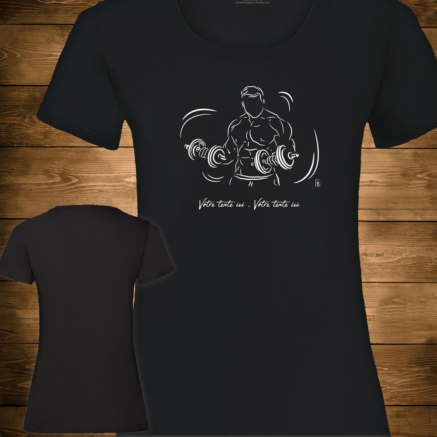 Graphisme musculation double haltères sur T-shirt noir femme. A personnaliser avec un texte. Création Virginie Linard ©.