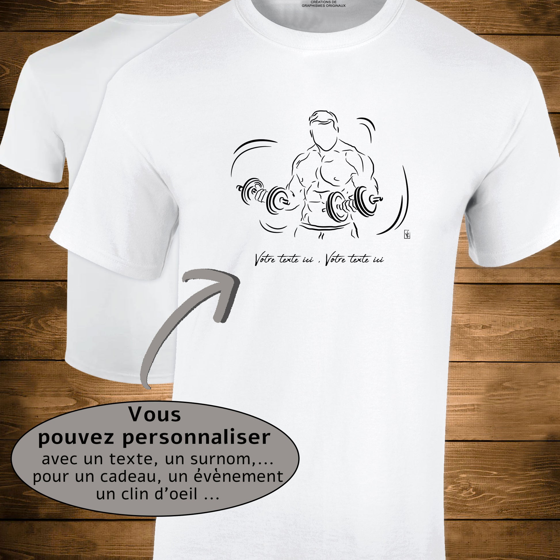 Graphisme musculation double haltères sur T-shirt blanc homme. A personnaliser avec un texte. Création Virginie Linard ©.