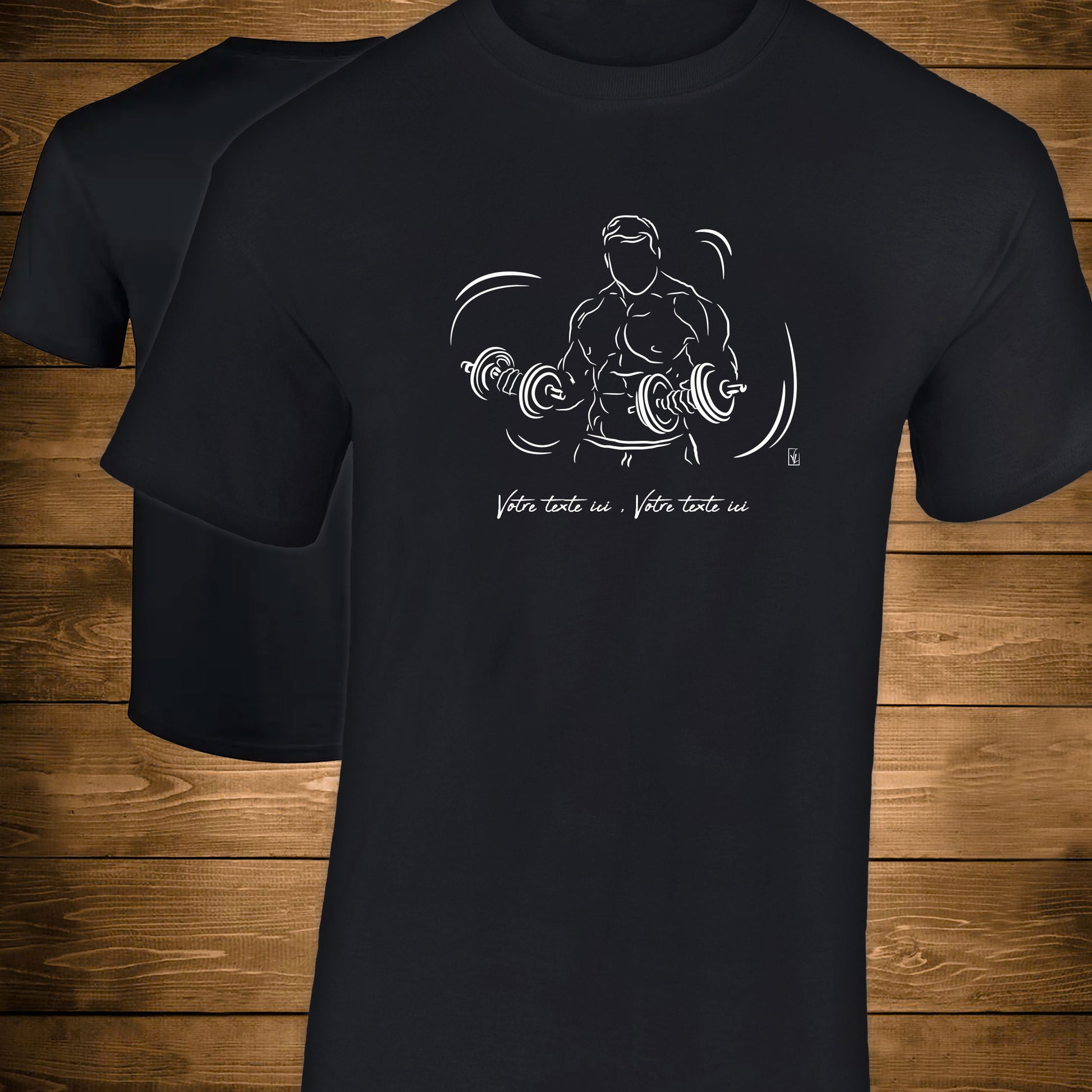 Graphisme musculation double haltères sur T-shirt noir homme. A personnaliser avec un texte. Création Virginie Linard ©.