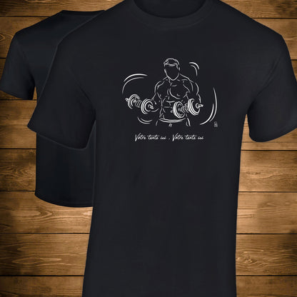 Graphisme musculation double haltères sur T-shirt noir homme. A personnaliser avec un texte. Création Virginie Linard ©.