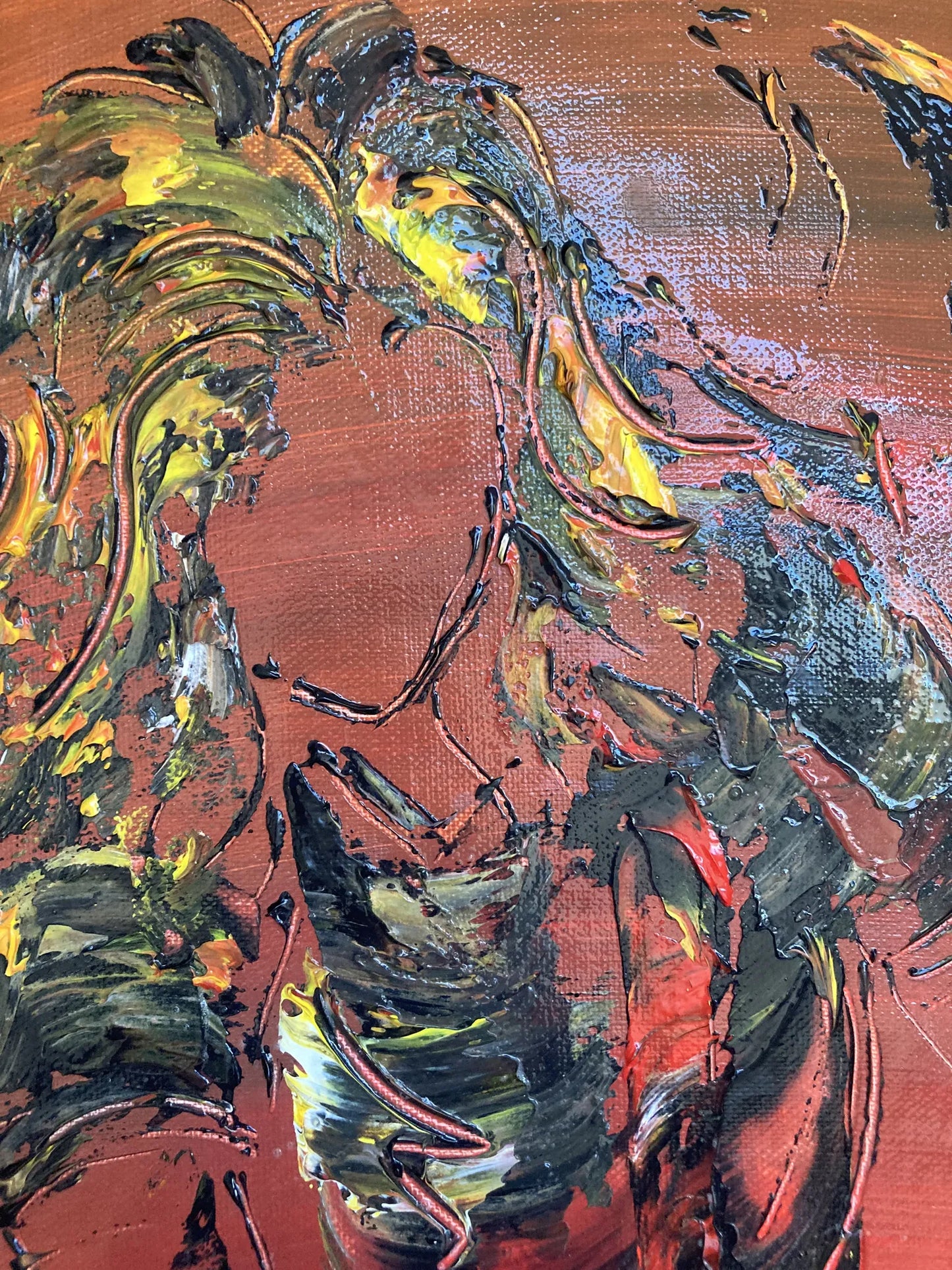 Peinture d'un guitariste de rock avec guitare électrique style Fender sur fond sombre. Détail 1.