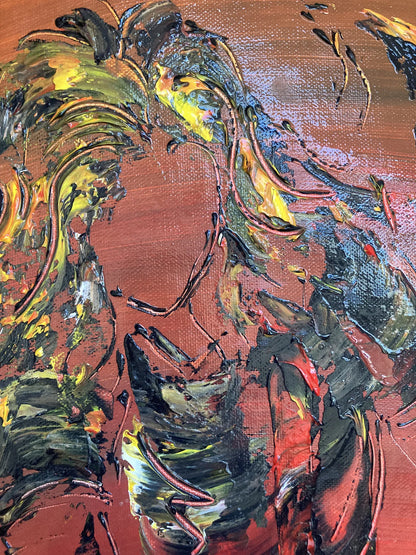 Peinture d'un guitariste de rock avec guitare électrique style Fender sur fond sombre. Détail 1.