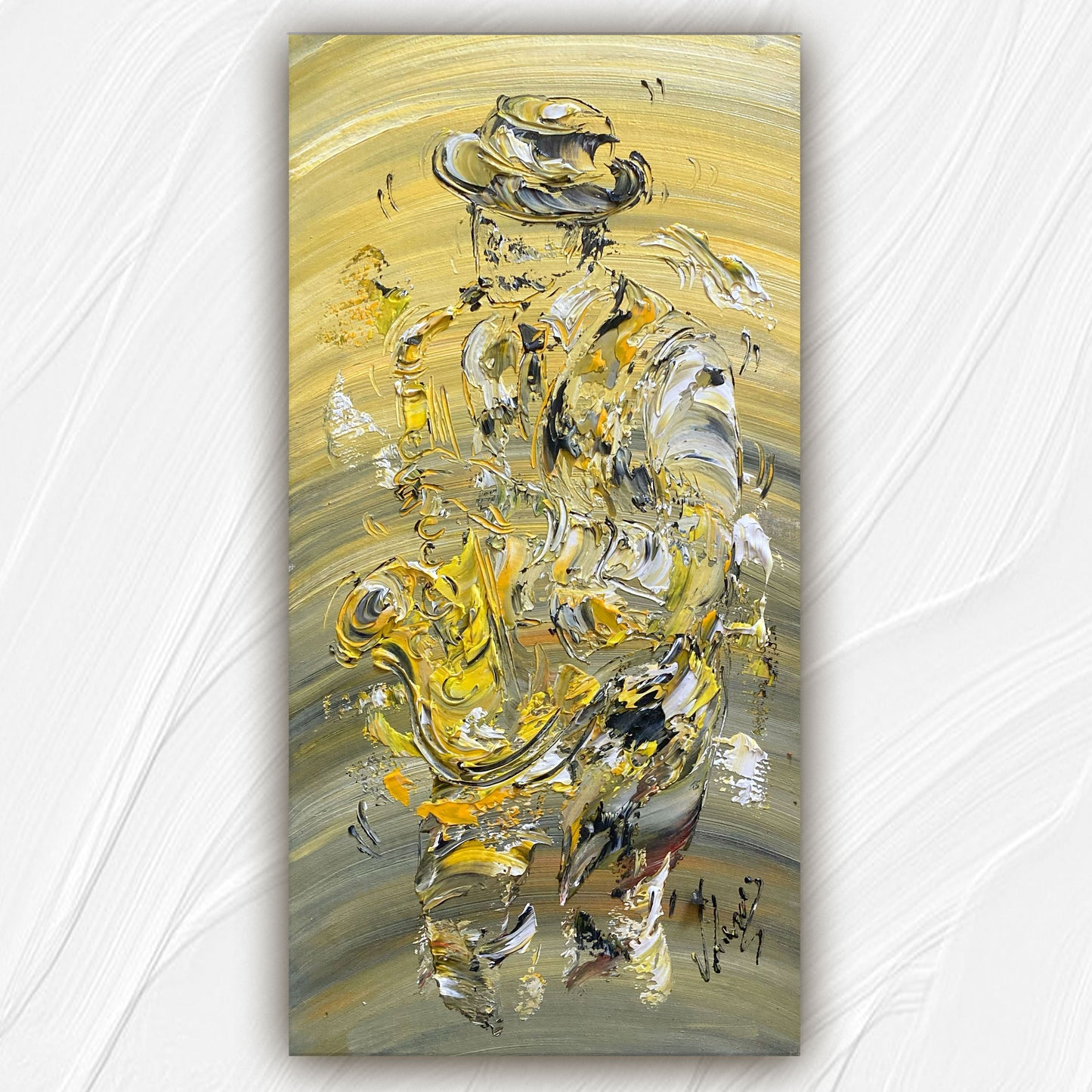 Tableau musicien saxophoniste jazz , peinture sur toile 30x60cm. Création Virginie Linard ©.