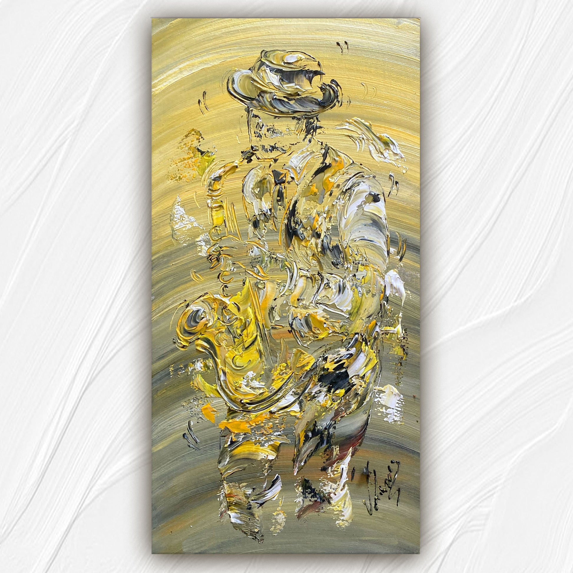 Tableau musicien saxophoniste jazz , peinture sur toile 30x60cm. Création Virginie Linard ©.