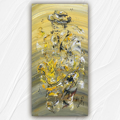Tableau musicien saxophoniste jazz , peinture sur toile 30x60cm. Création Virginie Linard ©.