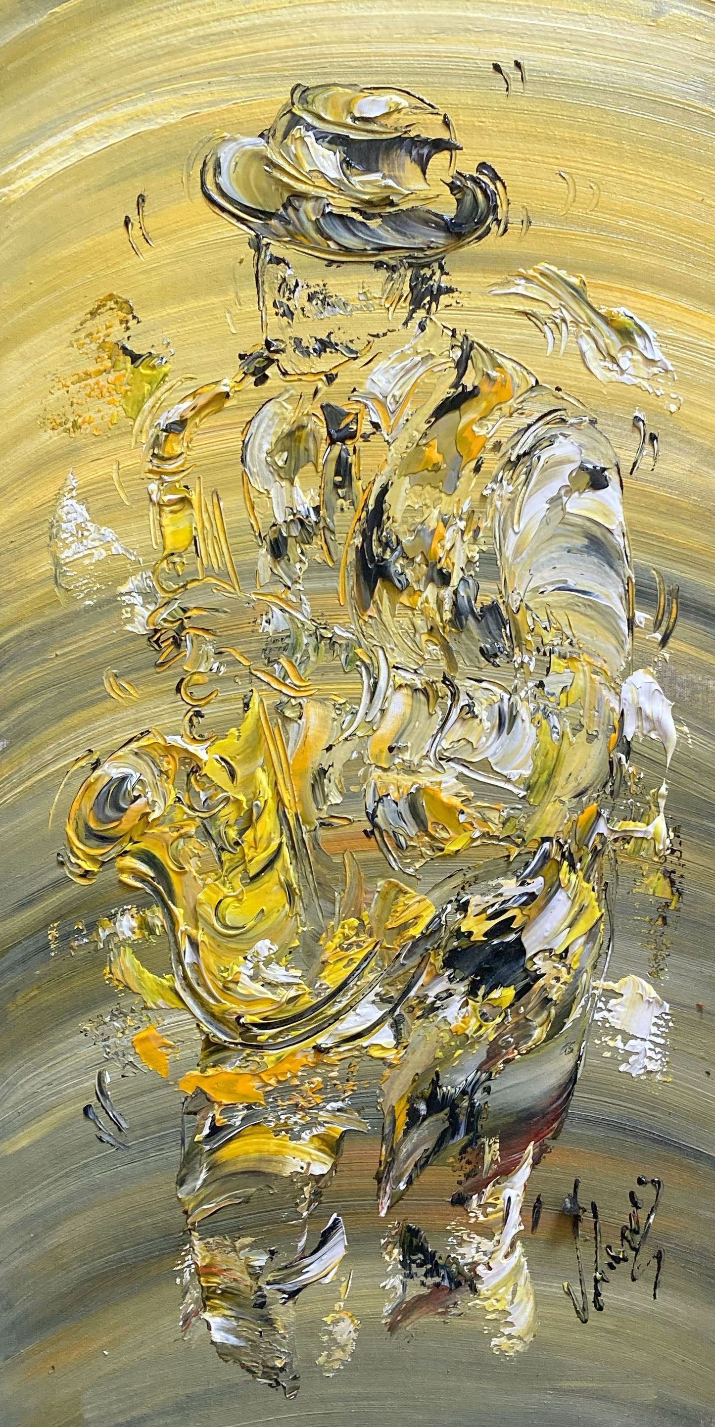 Tableau musicien saxophoniste jazz , peinture sur toile 30x60cm. Création Virginie Linard ©.