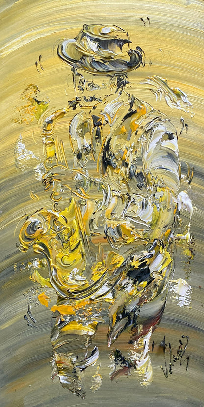 Tableau musicien saxophoniste jazz , peinture sur toile 30x60cm. Création Virginie Linard ©.