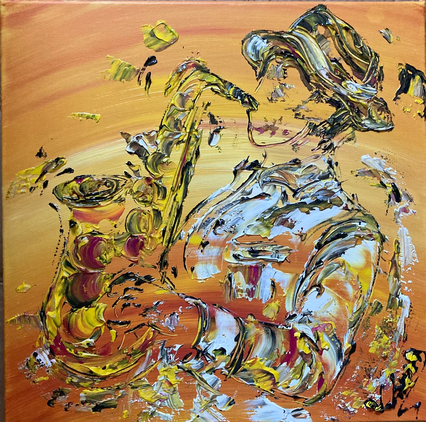 Musicien saxophoniste musique saxophone toile peinture de 40x40 cm Virginie Linard ©