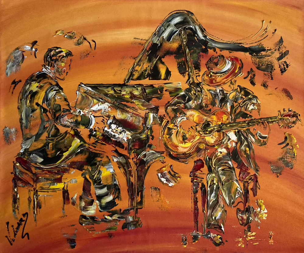 Tableau duo musiciens piano et guitare Peinture sur toile 73x60cm du peintre Virginie Linard ©