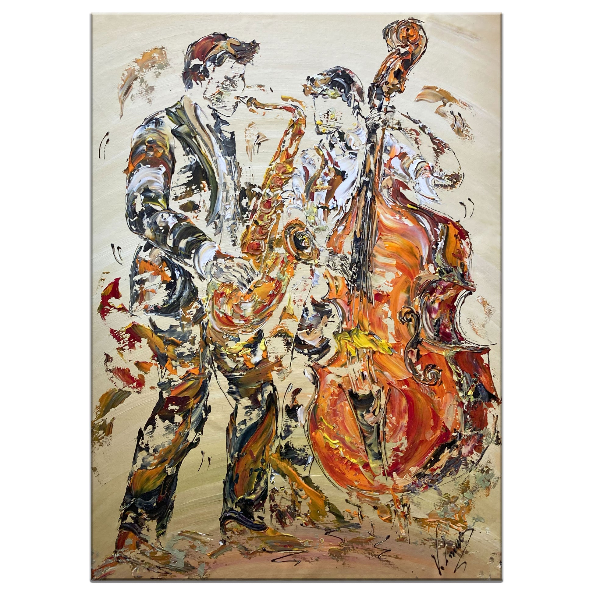 Tableau Musiciens Jazz , Contrebasse et Saxophone. Peinture sur toile 65x92cm. Création Virginie Linard ©.