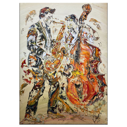 Tableau Musiciens Jazz , Contrebasse et Saxophone. Peinture sur toile 65x92cm. Création Virginie Linard ©.
