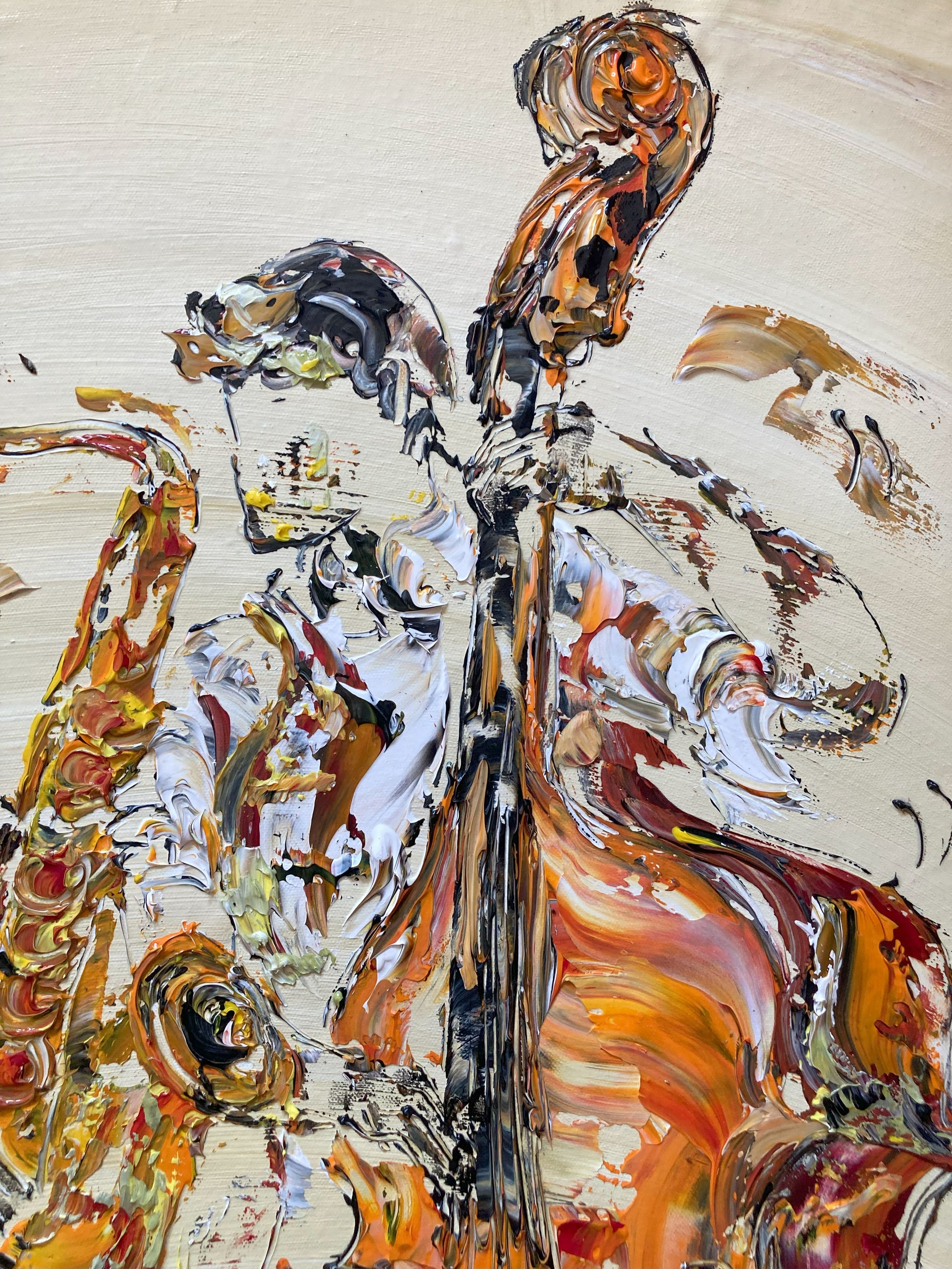 Tableau Musiciens Jazz , Contrebasse et Saxophone. Peinture sur toile 65x92cm. Détail1. Création Virginie Linard ©.