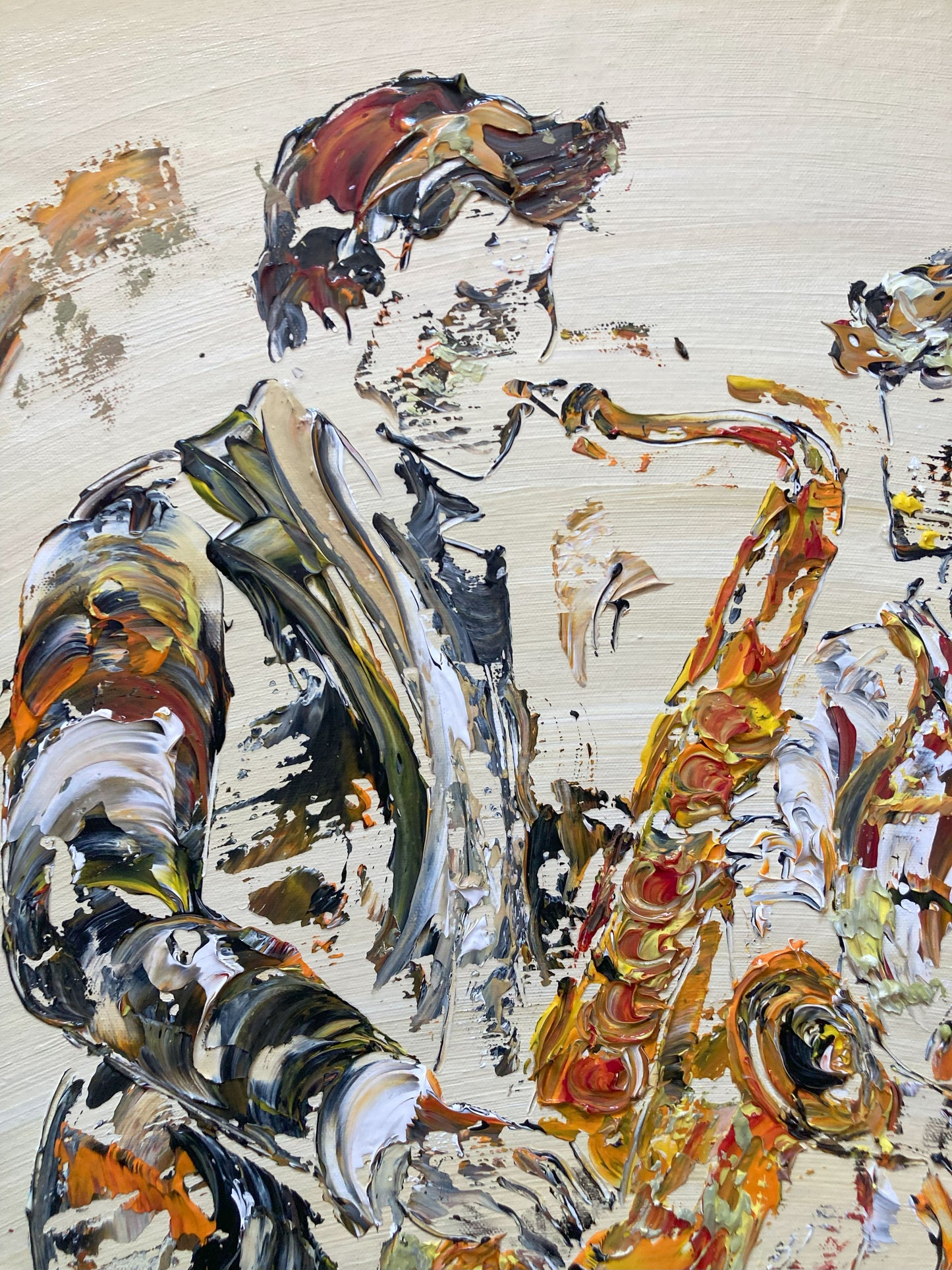 Tableau Musiciens Jazz , Contrebasse et Saxophone. Peinture sur toile 65x92cm. Détail2. Création Virginie Linard ©.