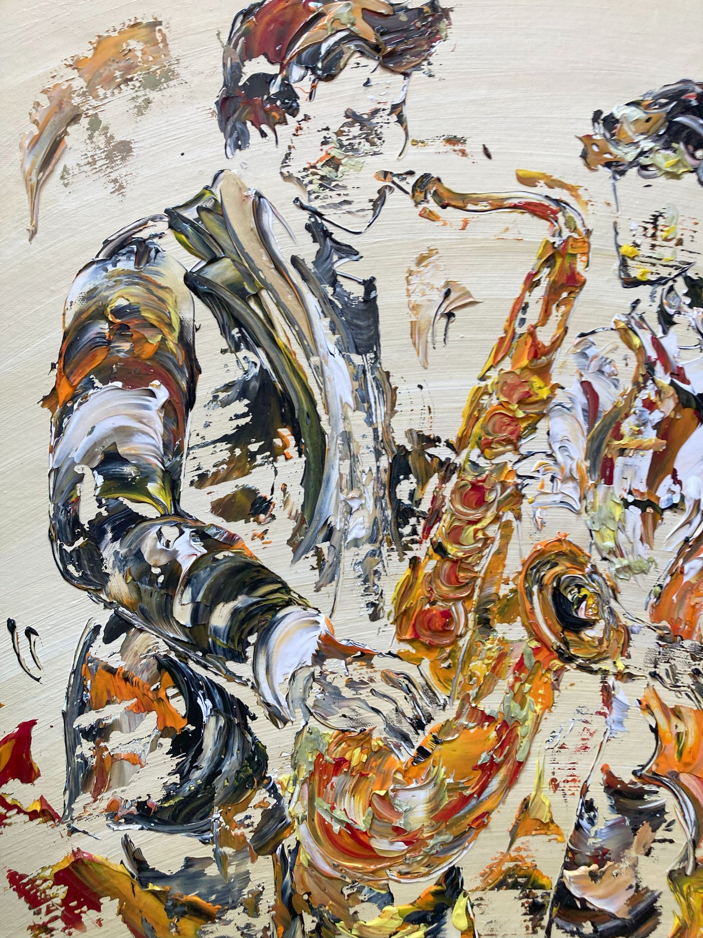 Tableau Musiciens Jazz , Contrebasse et Saxophone. Peinture sur toile 65x92cm. Détail3. Création Virginie Linard ©.