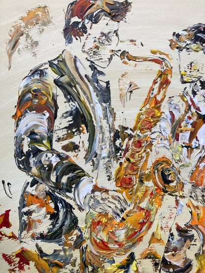 Tableau Musiciens Jazz , Contrebasse et Saxophone. Peinture sur toile 65x92cm. Détail3. Création Virginie Linard ©.
