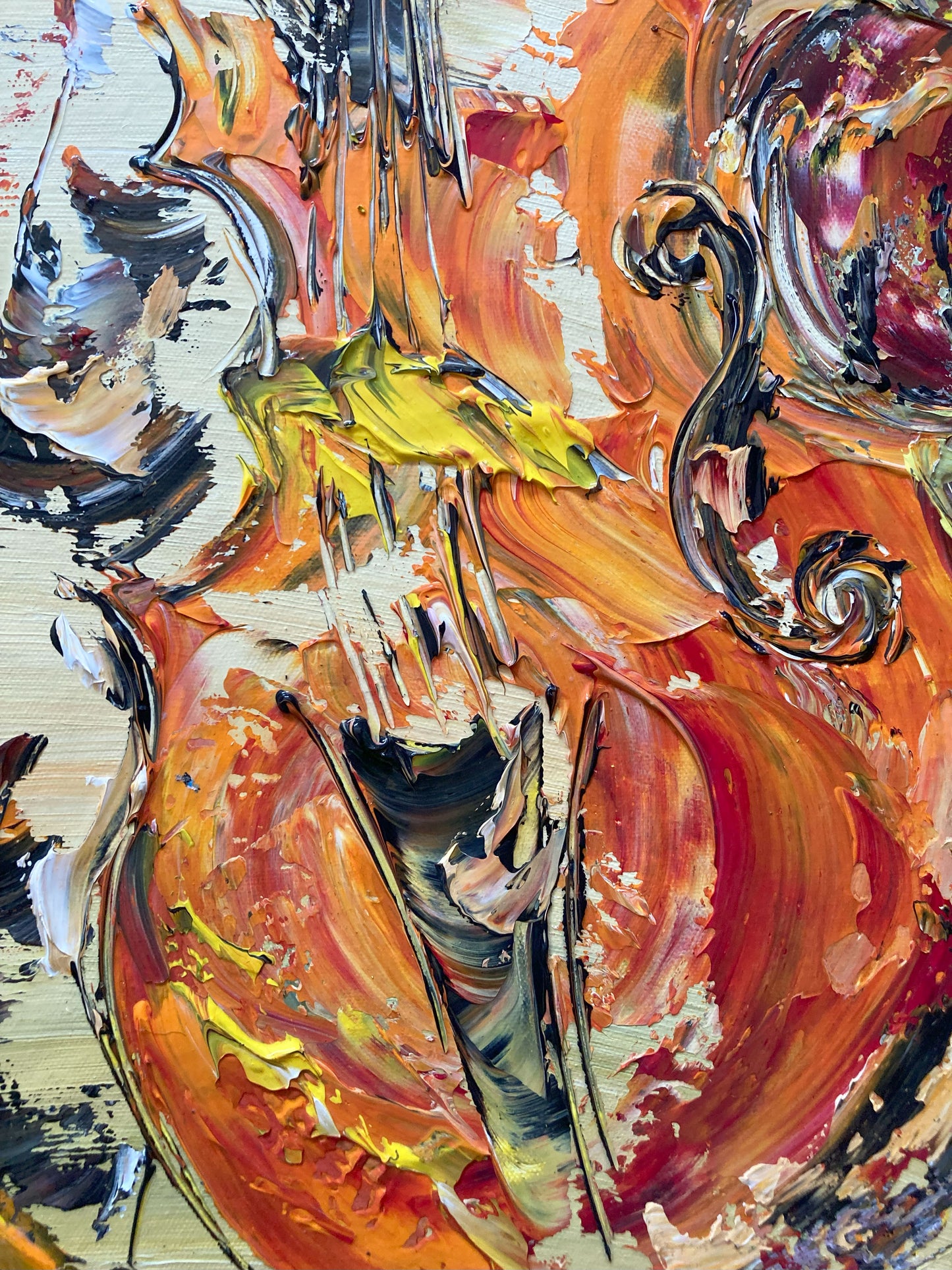 Tableau Musiciens Jazz , Contrebasse et Saxophone. Peinture sur toile 65x92cm. Détail5. Création Virginie Linard ©.