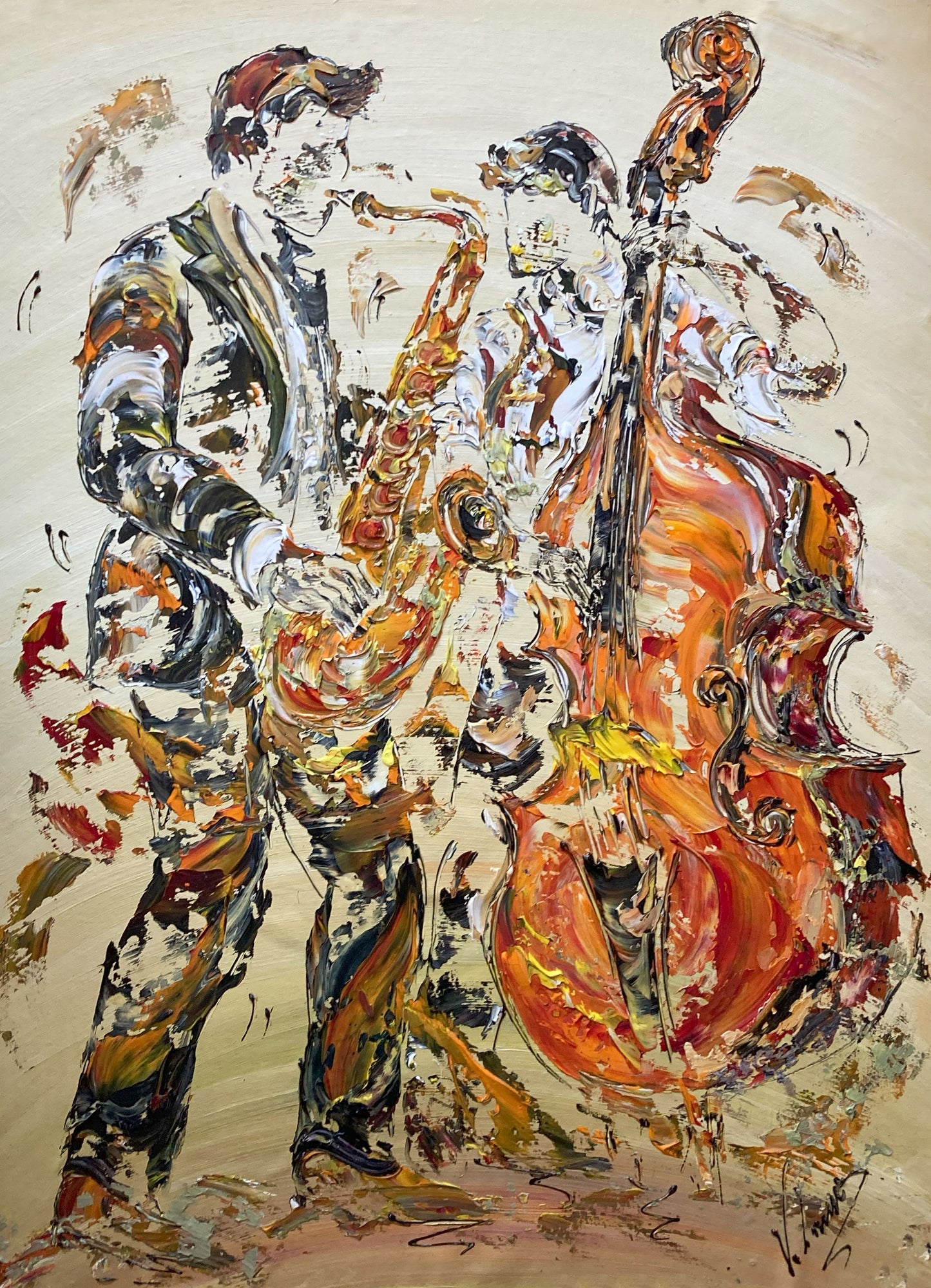 Tableau Musiciens Jazz , Contrebasse et Saxophone. Peinture sur toile 65x92cm. Création Virginie Linard ©.