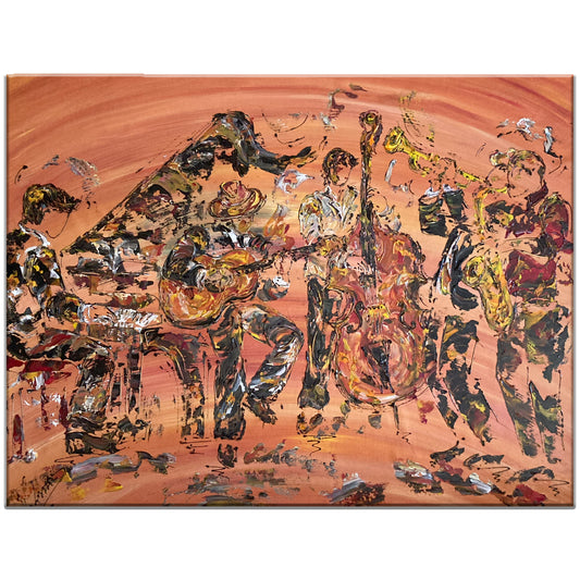 Tableau musiciens jazz contrebasse piano guitare trompette saxophone , peinture sur toile format 92x73cm. Création Virginie Linard ©.