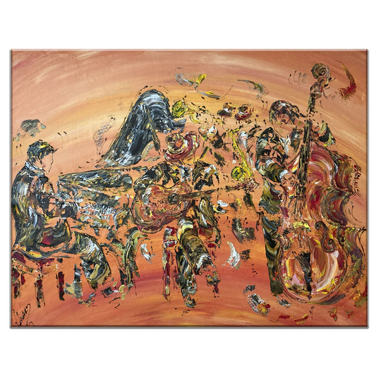 Tableau musiciens jazz contrebasse piano guitare trompette saxophone , peinture sur toile format 92x73cm. Création Virginie Linard ©.