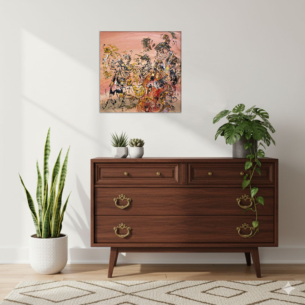 Tableau Musiciens Jazz, Trompette, Saxophone, Contrebasse, couleur beige marron orange, format 50x50 cm. Original unique. Création peintre Virginie Linard ©.