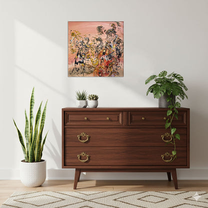 Tableau Musiciens Jazz, Trompette, Saxophone, Contrebasse, couleur beige marron orange, format 50x50 cm. Original unique. Création peintre Virginie Linard ©.