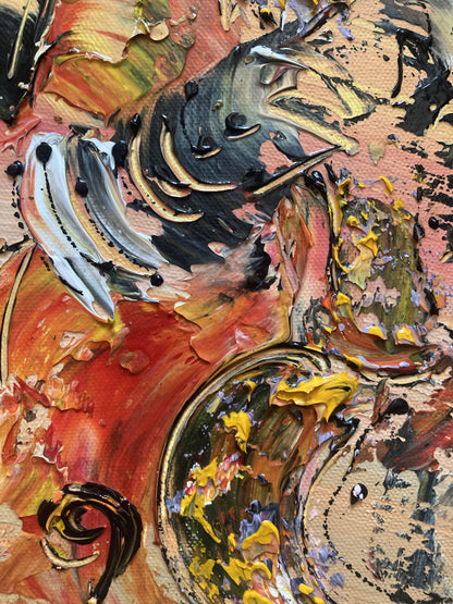 Tableau Musiciens Jazz, Trompette, Saxophone, Contrebasse, couleur beige marron orange, format 50x50 cm. Original unique. Création peintre Virginie Linard ©.