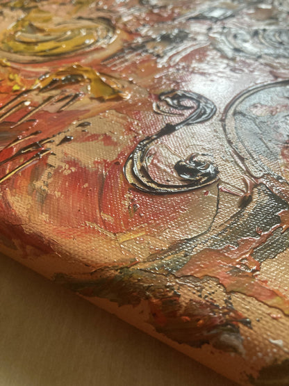 Tableau Musiciens Jazz, Trompette, Saxophone, Contrebasse, couleur beige marron orange, format 50x50 cm. Original unique. Création peintre Virginie Linard ©.