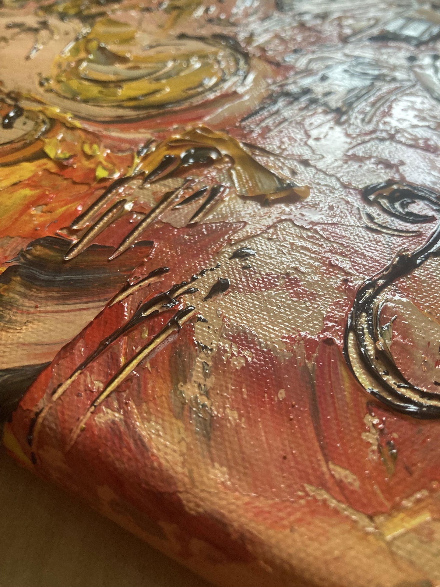 Tableau Musiciens Jazz, Trompette, Saxophone, Contrebasse, couleur beige marron orange, format 50x50 cm. Original unique. Création peintre Virginie Linard ©.